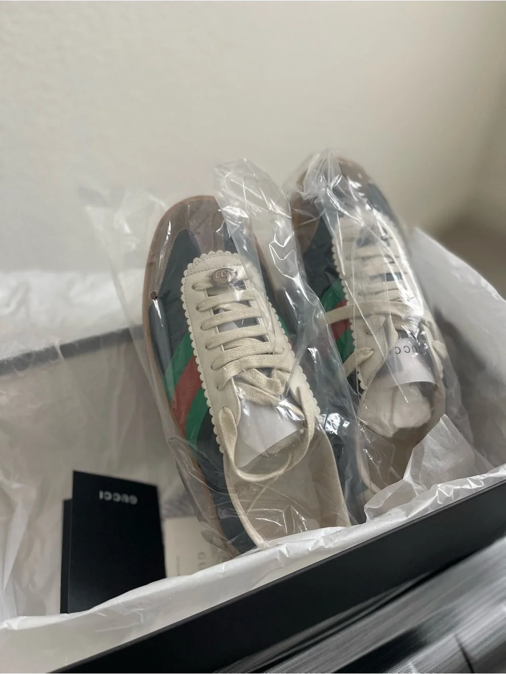 Gucci Black Leather Sneakers with Green & Red Web and Brown Suede Toe